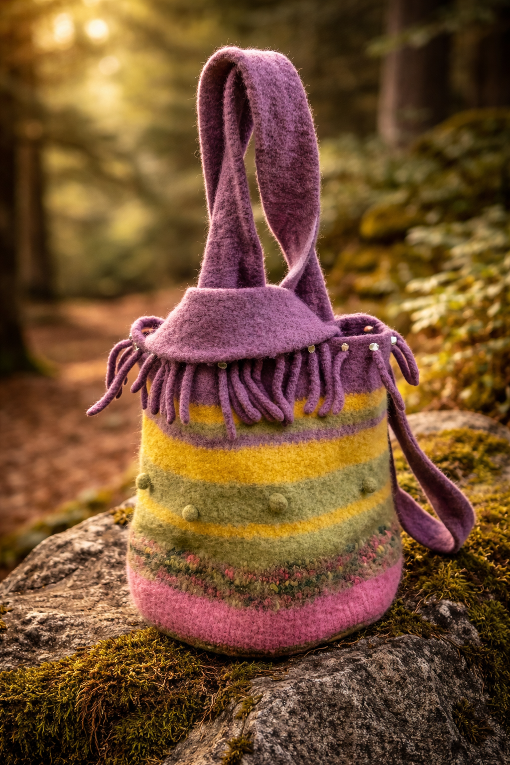 Bohemian Felted Wool Handbag – Handmade Shrunken Wool Bucket Bag with Beaded Fringe Handle