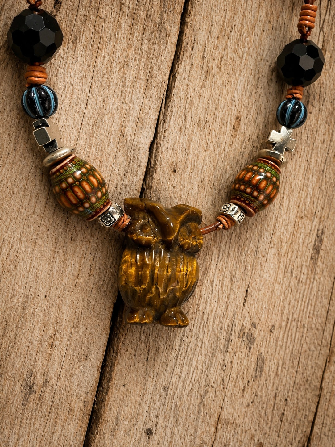 Tiger Eye Owl Pendant Necklace | Handmade Leather, Mixed Metal & Artisan Beads | 18”
