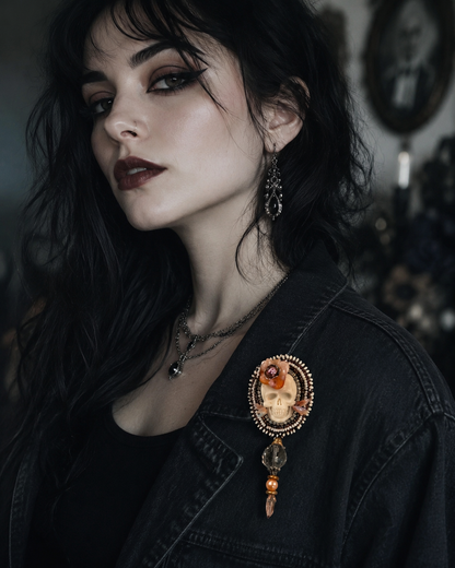 Hand Beaded Carved Ivory Skull Brooch with Vintage Crystal & Leather Backing