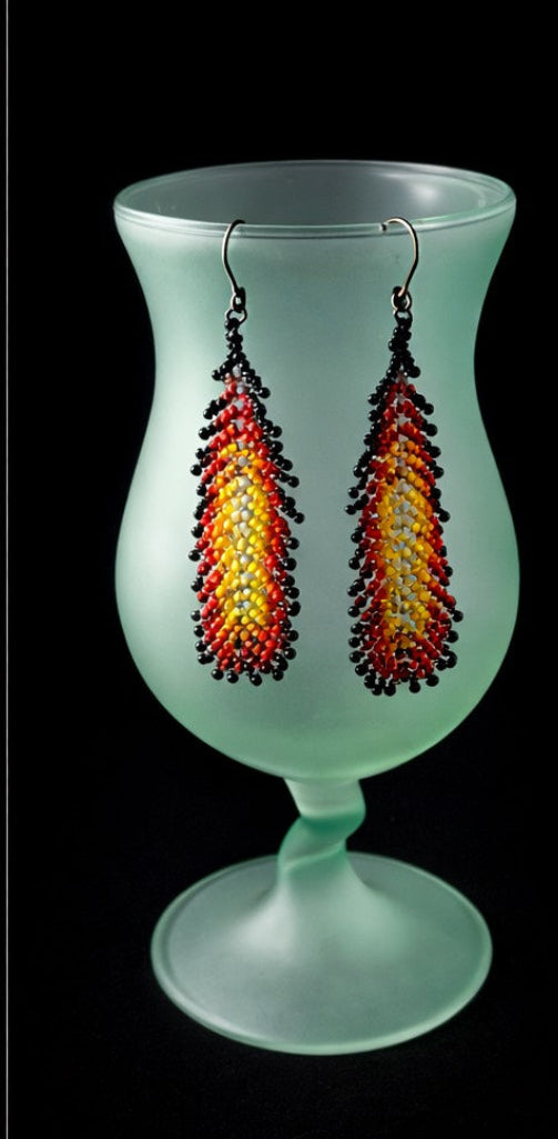 Firelight Feather Beaded Teardrop Fringe Earrings
