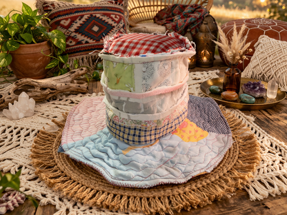 Dorothy Jean Reversible Patchwork Hat – Triple Heart Boho Wide Brim (Size Med-Sm)