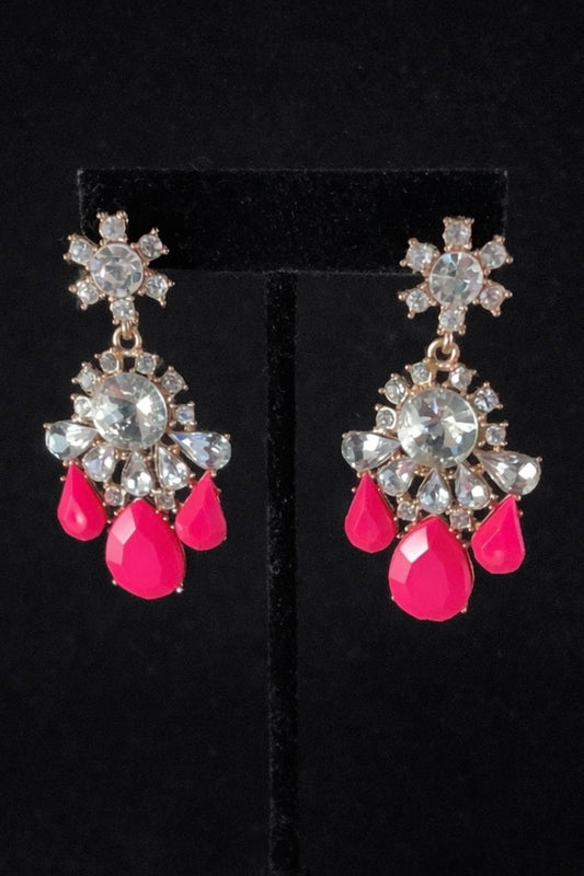 Vintage Rhinestone & Hot Pink Teardrop Statement Earrings – Sparkling Chandelier Post Earrings