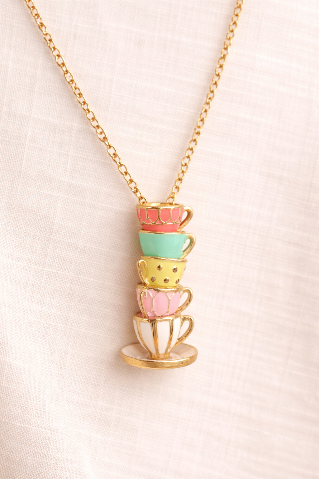 Whimsical Stacked Teacup Necklace – Enamel Tea Cup Pendant on 24” Gold Chain