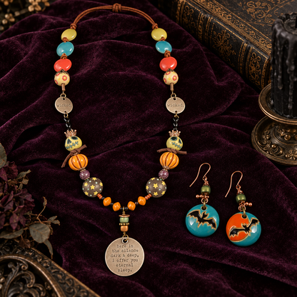 Halloween Skull & Pumpkin Necklace Set with Bat Earrings, 22 Inch