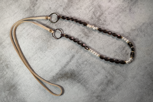 Smoky Crystal & Pearl Deerskin Lariat Necklace – Rustic Luxe Statement Drop