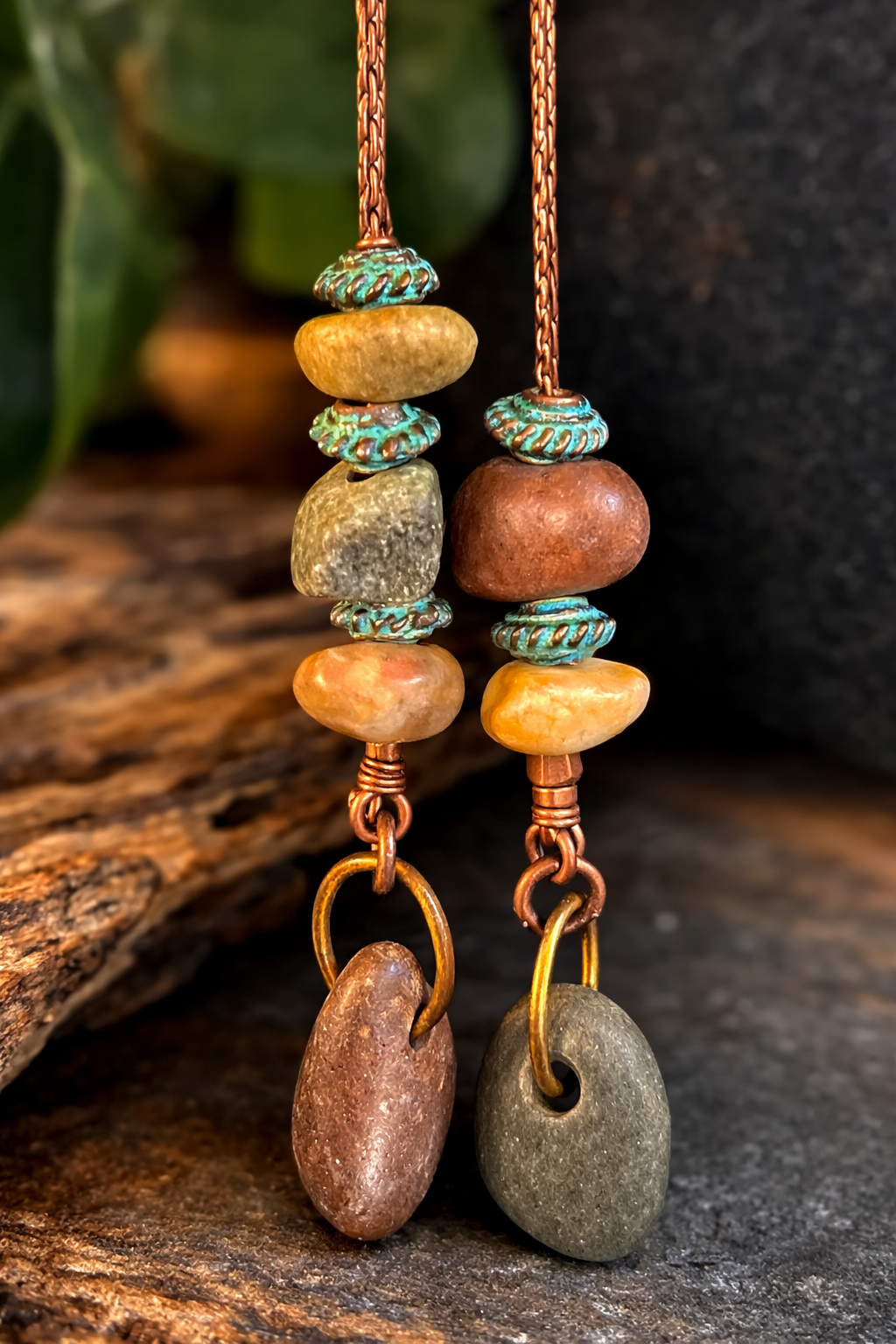 Artisan Lampwork Glass Slider Necklace – Hand Blown Glass Bead with Natural Stone Dangle Accents