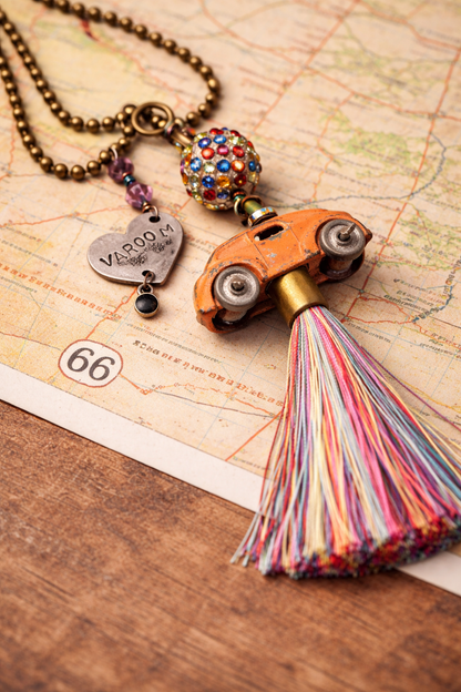 Vintage Vroom Antique Toy Car Necklace – Hand Stamped Heart Charm – 30” Antique Ball Chain
