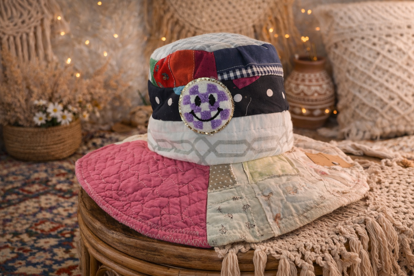 Dorothy Jean Reversible Patchwork Hat – Triple Heart Boho Wide Brim (Size Large)