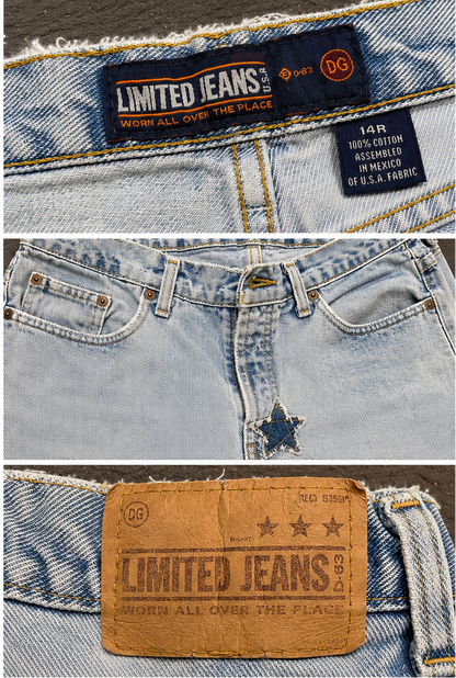 Women’s Distressed Fringe Jeans Size 14 Regular – Denim & Leather Stars, Grommets, Skull Beads, Custom Biker Jeans