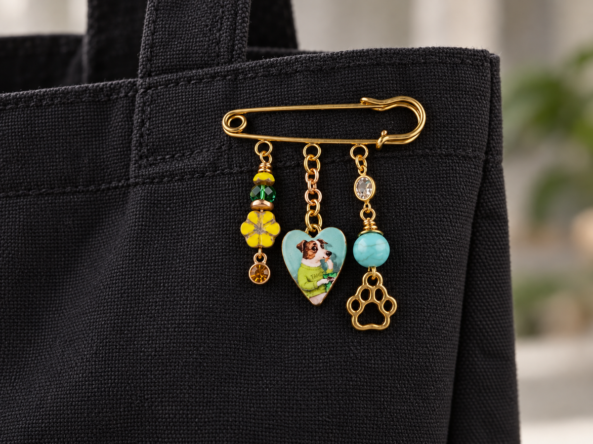 Puppy Love Dog Charm Pin – Czech Beads, Crystals & Jasper