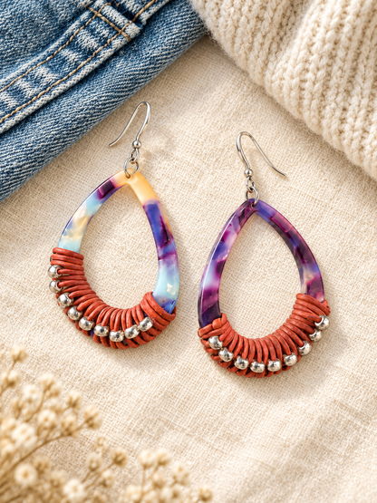 Marbled Resin, Leather and Silver Bead Drop Earrings