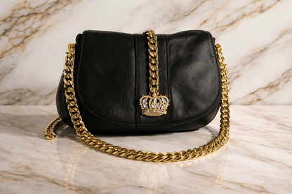Vintage Wilsons Leather Crown Rhinestone Shoulder Bag – Black Leather Chain Strap Purse