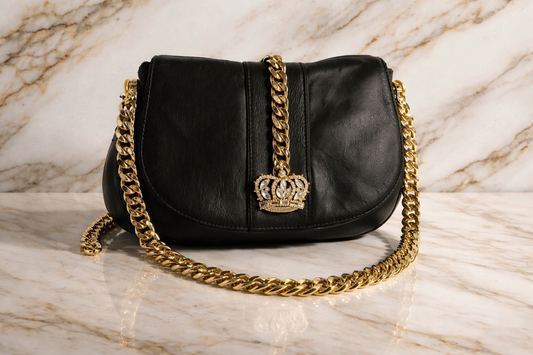 Vintage Wilsons Leather Crown Rhinestone Shoulder Bag – Black Leather Chain Strap Purse
