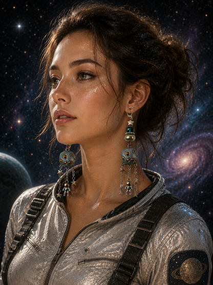 Planet and Astronaut Dangle Earrings with Stars, Rhinestones and Space Charms