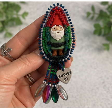 Hand Bead Embroidered Gnome Pin with Dagger Bead Fringe & Hand-Stamped Heart Charm