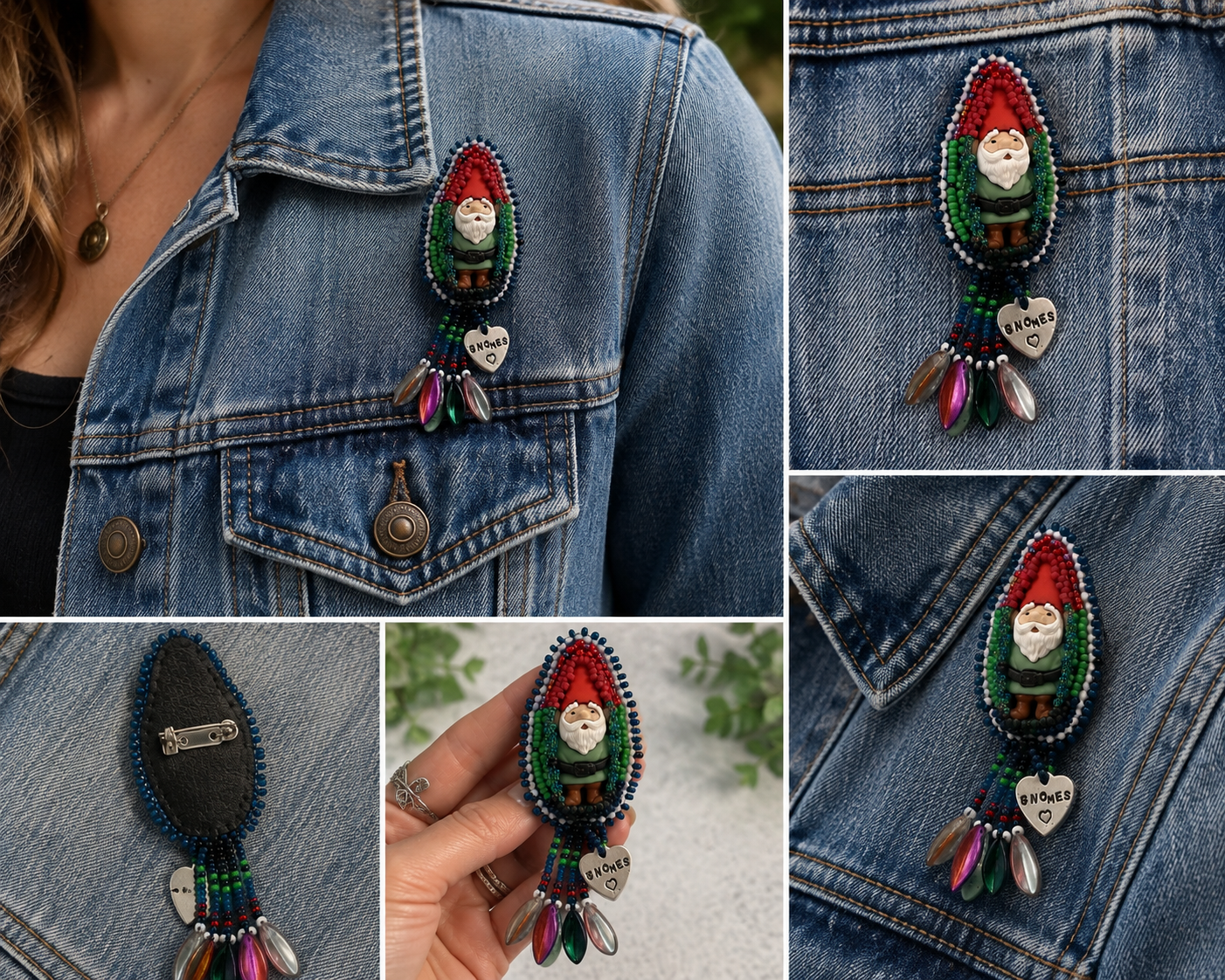 Hand Bead Embroidered Gnome Pin with Dagger Bead Fringe & Hand-Stamped Heart Charm