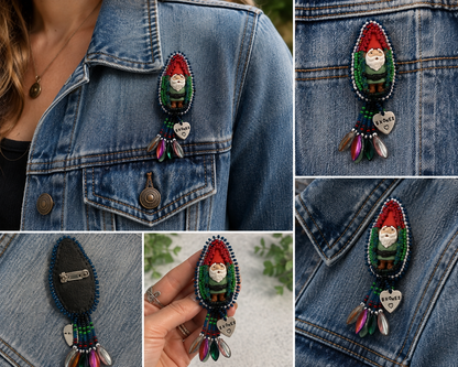 Hand Bead Embroidered Gnome Pin with Dagger Bead Fringe & Hand-Stamped Heart Charm
