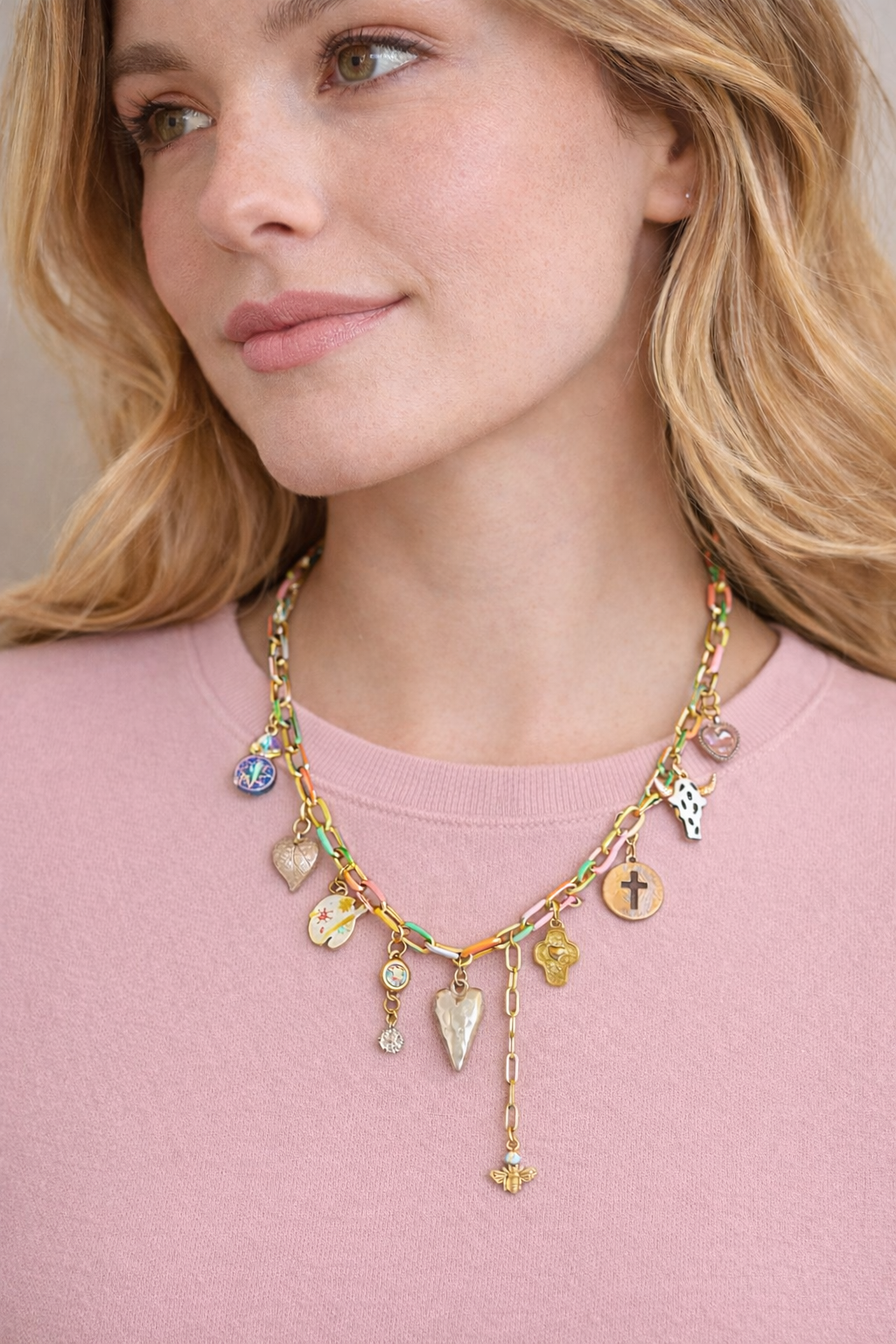 Pastel Paperclip Charm Necklace – 10 Charm Statement Necklace with Bee, Cross Penny, Rhinestones & Artist Palette