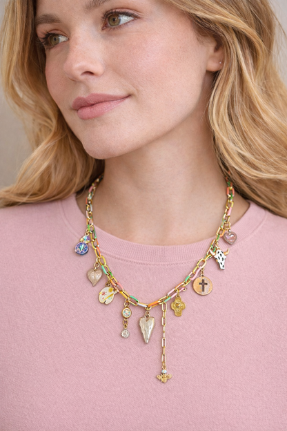 Pastel Paperclip Charm Necklace – 10 Charm Statement Necklace with Bee, Cross Penny, Rhinestones & Artist Palette