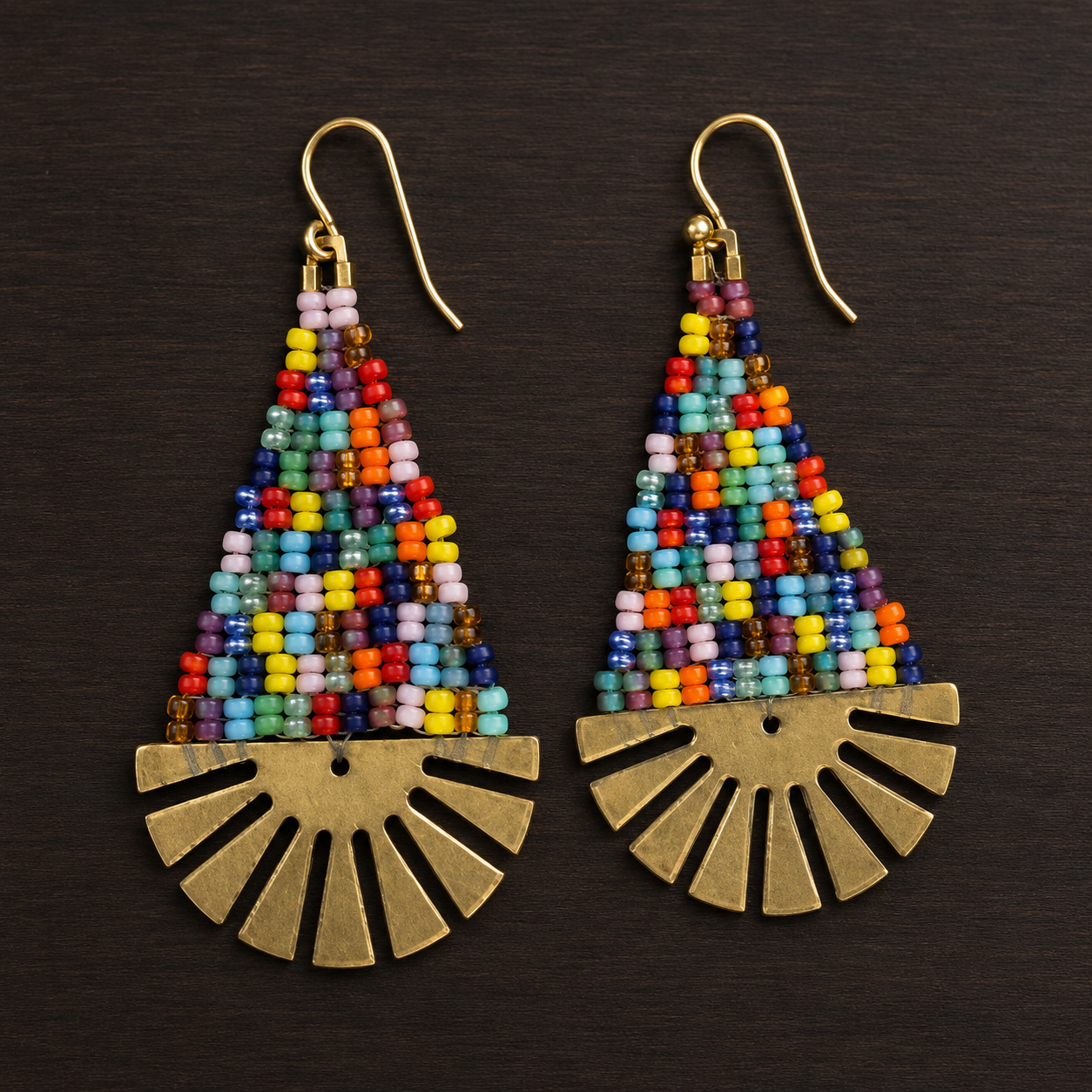 Hand-Beaded Brass Fan Earrings – Three Color Options
