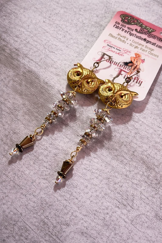 Golden Owl Crystal Cascade Earrings