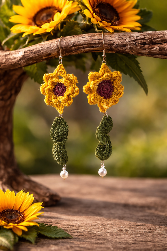 Boho Sunflower Statement Earrings – Hand Crocheted Floral Dangles with Pearl Drop | 5” Length