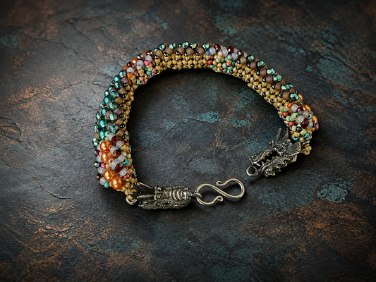Hand-Beaded Right Angle Weave Bracelet with Crystals, Pearls & Dragon Clasp