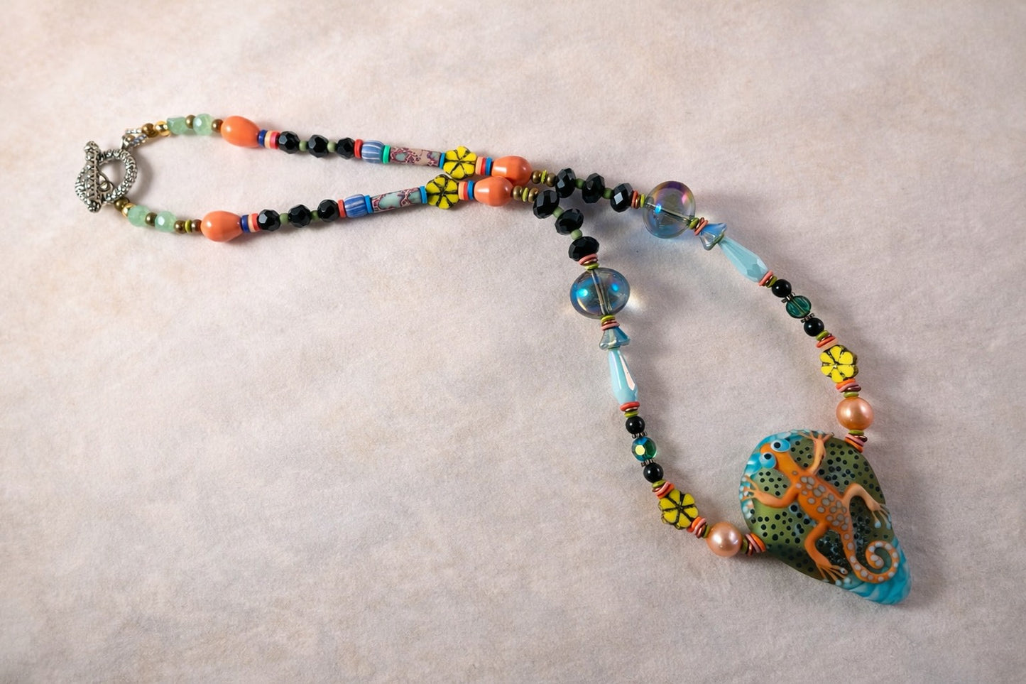 Tropical Gecko Dream - Artisan Blown Glass Beaded Necklace