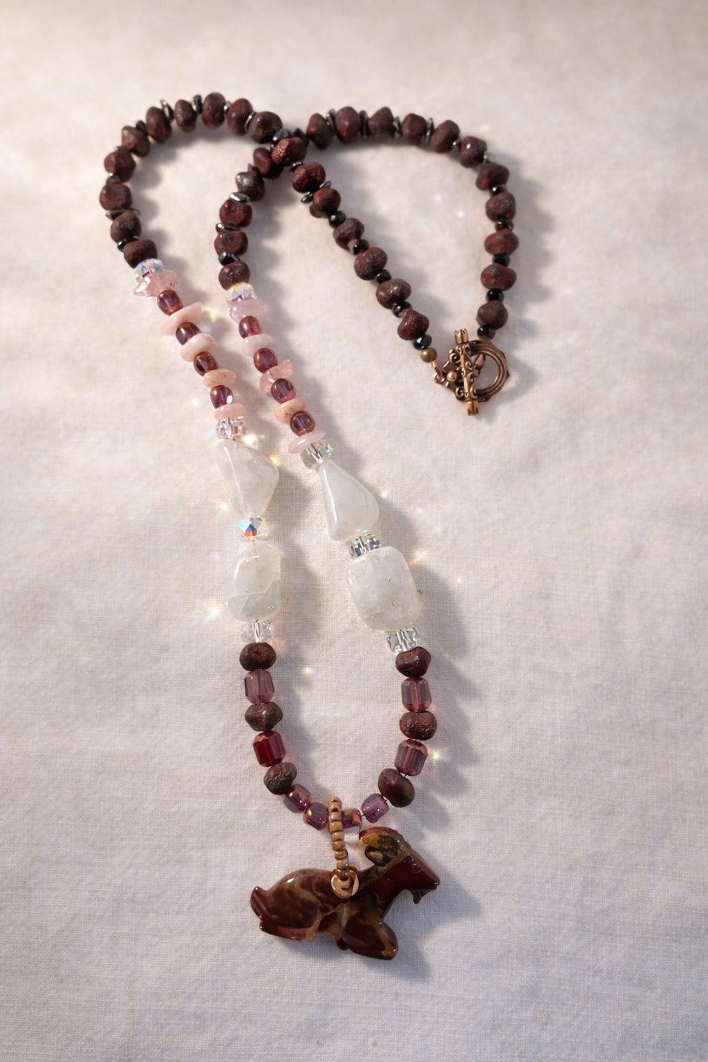 Carved Goat Spirit Necklace with Quartz & Moonstone