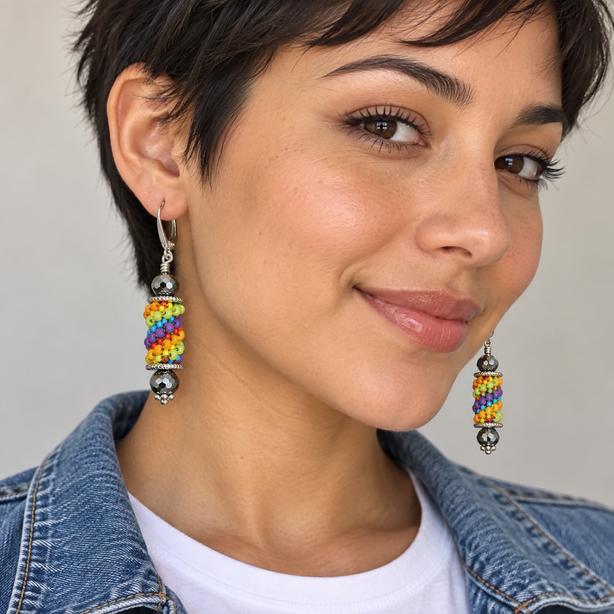 Handmade Rainbow Seed Bead Dangle Earrings with Leverback Wires