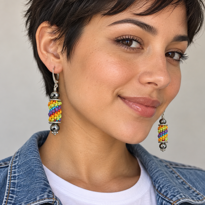Handmade Rainbow Seed Bead Dangle Earrings with Leverback Wires