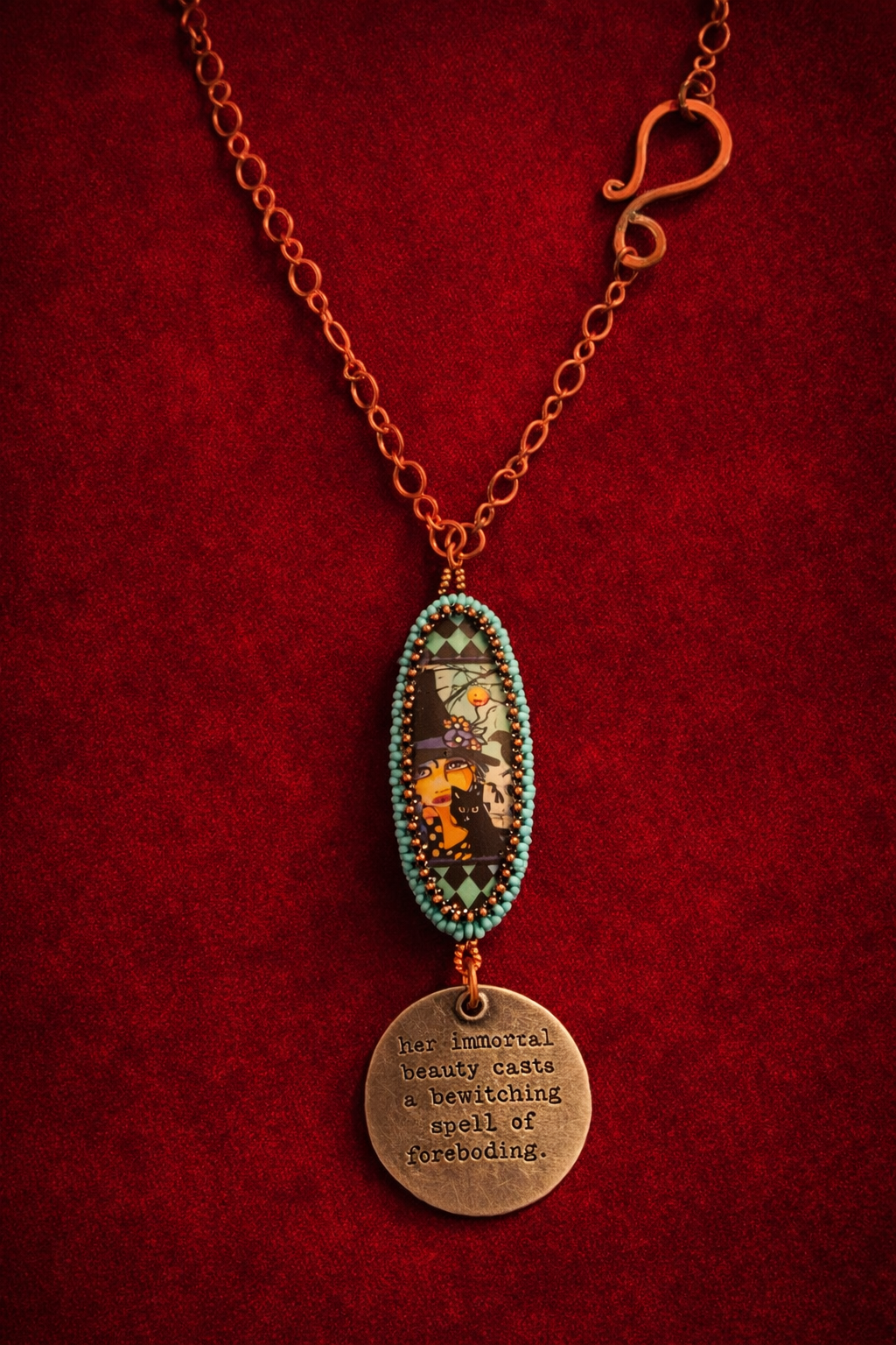 Bewitching Beauty Witch & Cat Pendant Necklace – Hand Beaded Cabochon on Antique Copper Chain (22”)