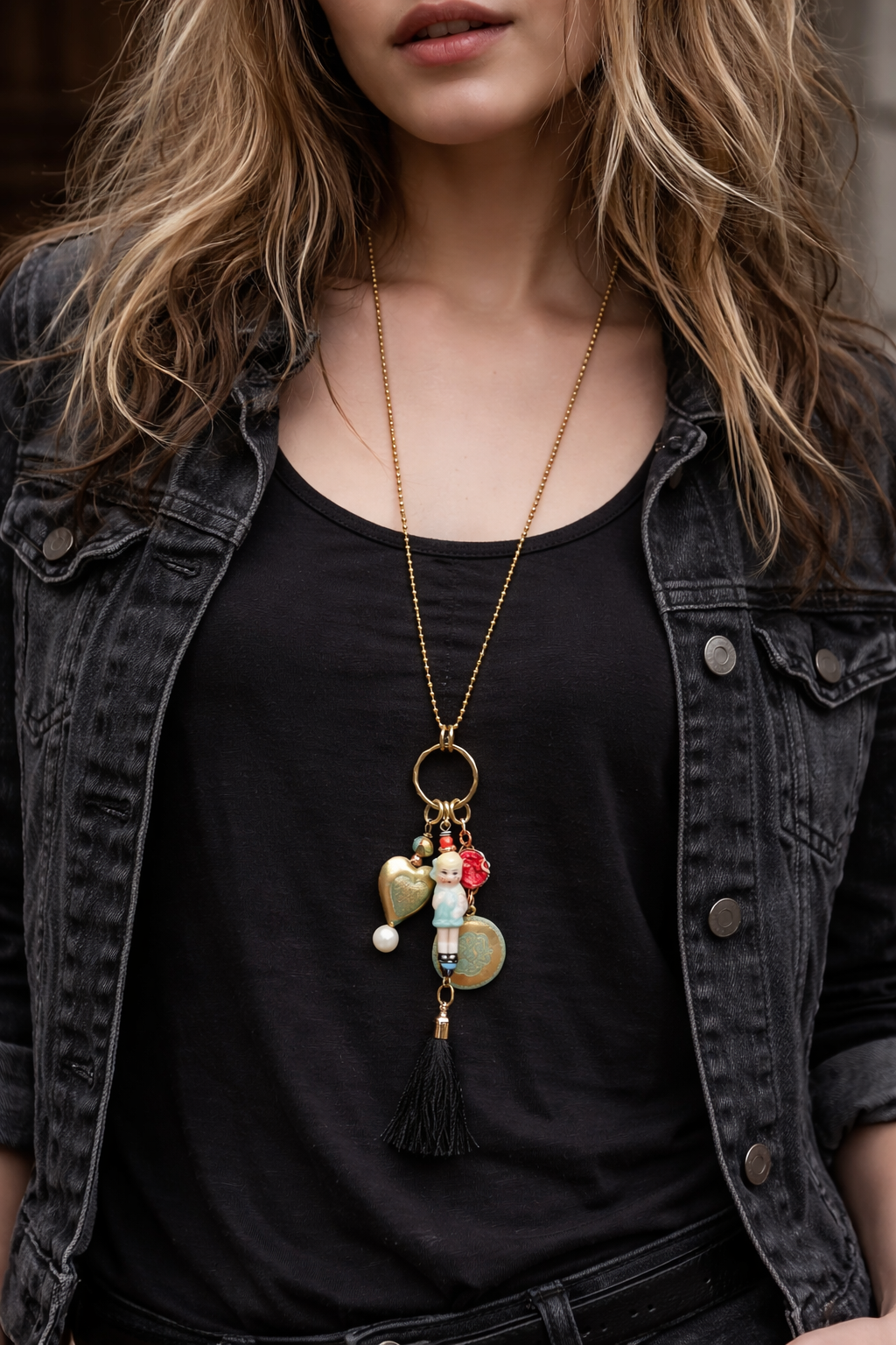 Vintage Charm Doll Tassel Necklace – 34” Gold Ball Chain Statement Necklace
