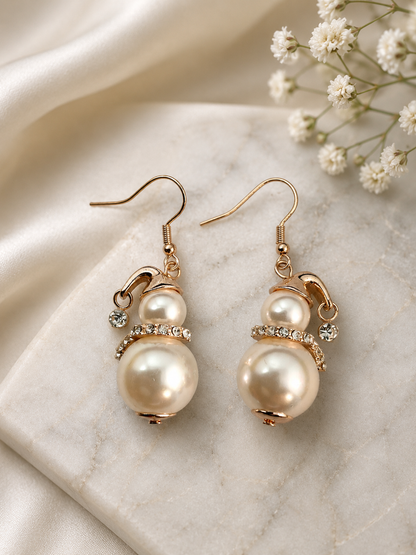 Pearl Snowman Earrings with Rhinestone Scarf – Winter Dangle Earrings