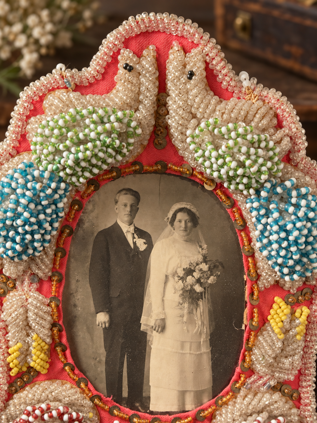 Vintage Beaded Picture Frame with Original Wedding Photograph