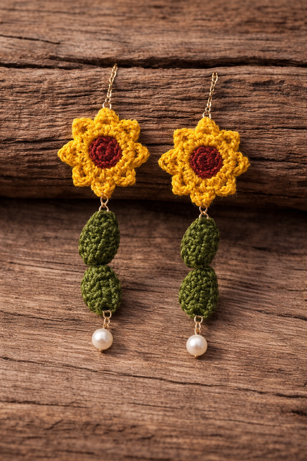 Boho Sunflower Statement Earrings – Hand Crocheted Floral Dangles with Pearl Drop | 5” Length