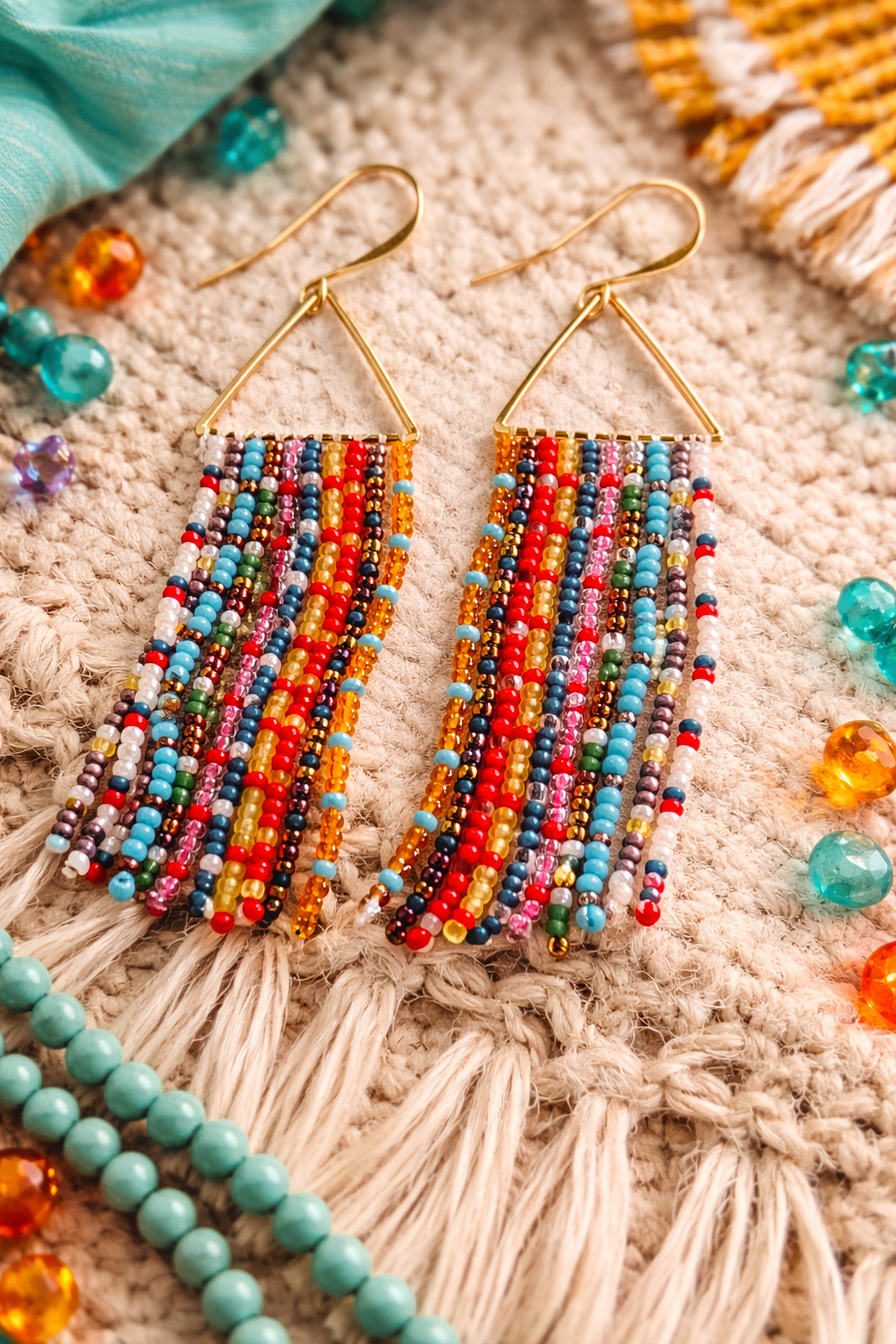 Boho Rainbow Seed Bead Fringe Earrings – Hand Beaded Statement Dangles