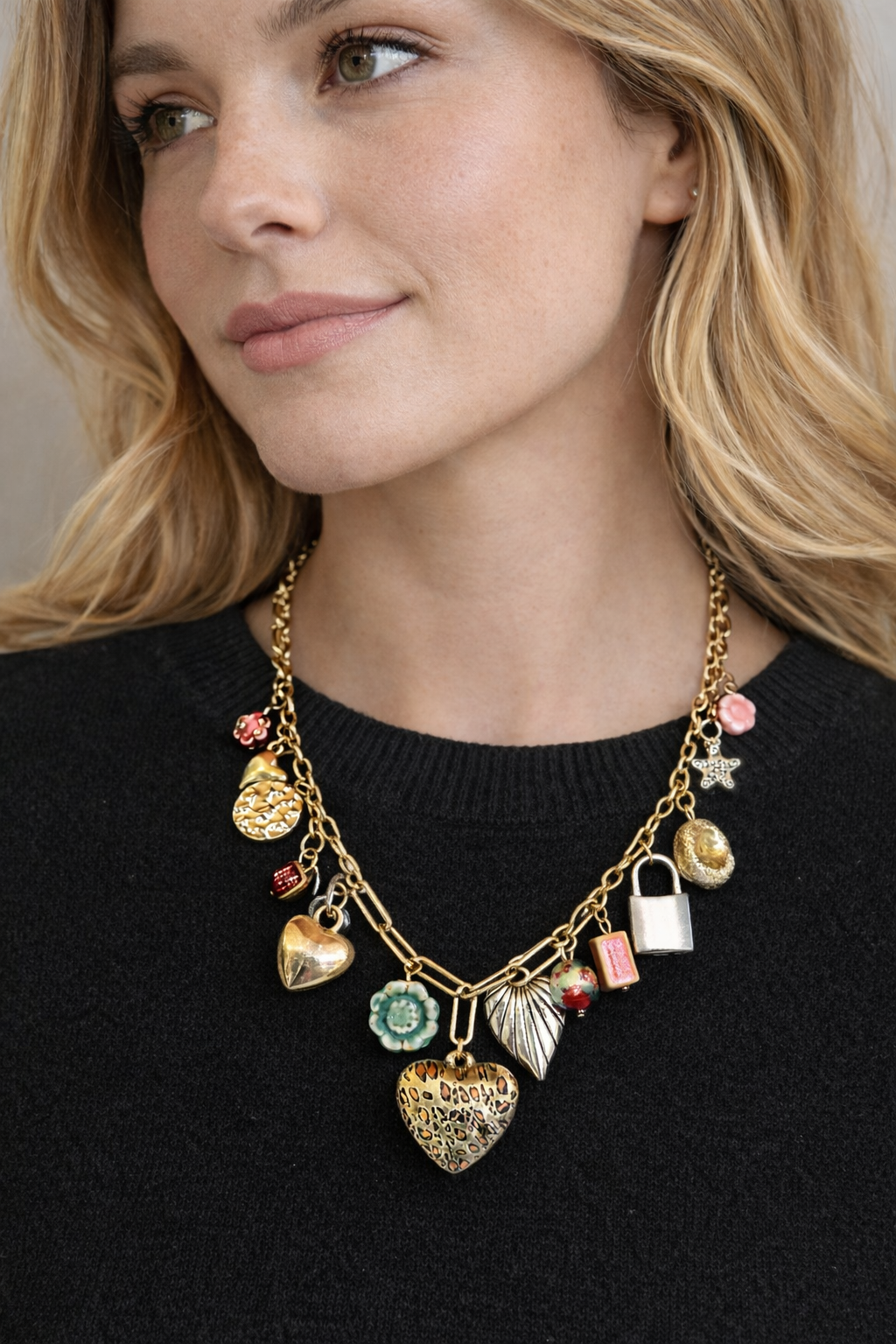 Eclectic Heart & Lock Charm Necklace – Gold Chain with Leopard Heart, Ceramic Beads & Mixed Metal Charms