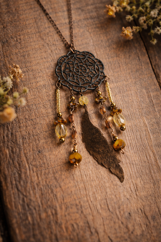 Earthbound Dreamer Long Dreamcatcher Necklace with Feather & Amber Crystal Drops
