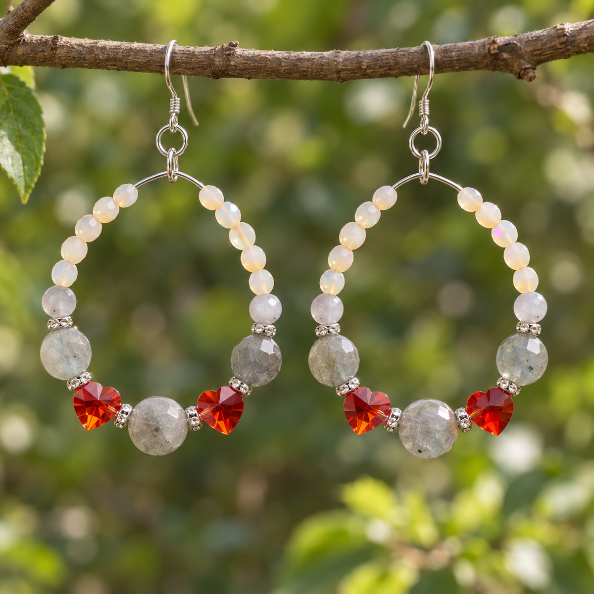 Swarovski Red Heart Hoop Earrings with Czech Beads