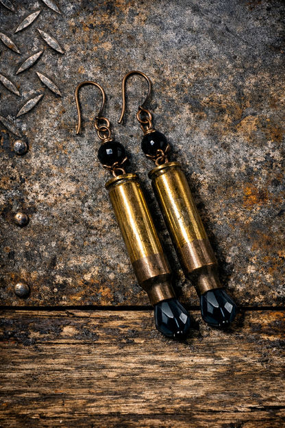 Handmade Bullet Casing Earrings – Recycled Brass Rifle Shell Jewelry with Crystal & Pearl Drops