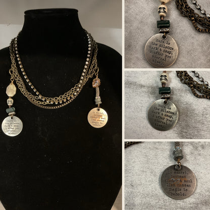 Handmade Four-Chain Skull Necklace with Swarovski Crystal, Peyote Stitch Bead & Stamped Medallions