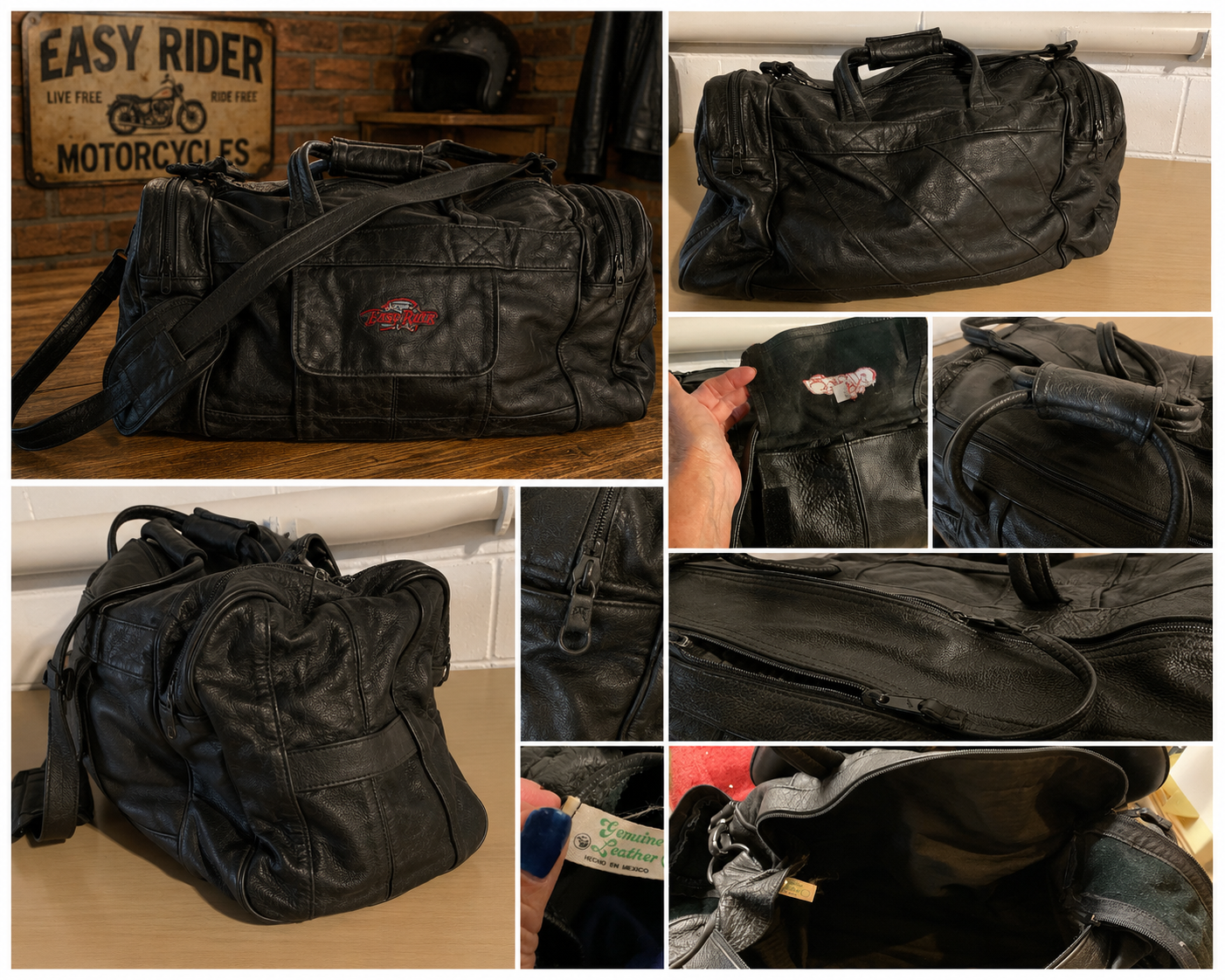 Vintage All Leather Motorcycle Travel Duffel Bag with Embroidered Easy Rider Logo