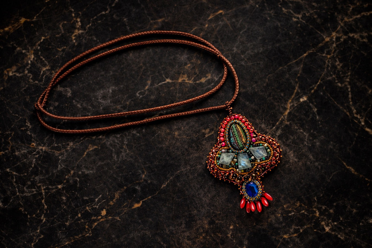 Celestial Ember Beaded Pendant - 18" Leather cord Necklace