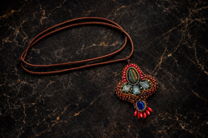 Celestial Ember Beaded Pendant - 18" Leather cord Necklace
