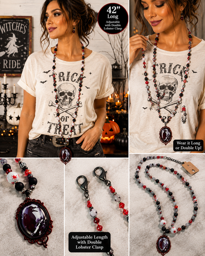 42” Adjustable Raven Halloween Necklace with Skull Beads, Jasper, Crystals & Removable 12” Extension