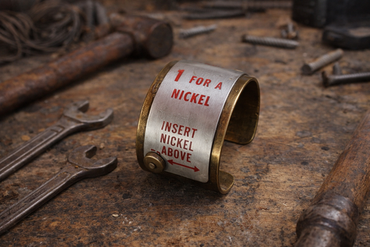 Last Nickel Cuff – Upcycled Vintage Stamp Machine Brass Bracelet with Riveted Industrial Grit