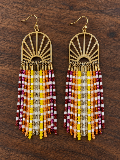 Hand-Beaded Brass Sunray Fringe Earrings – 3 Inch