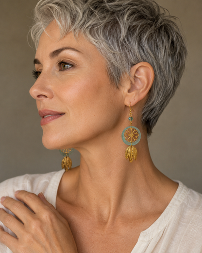 Mint Green Resin Floral Dangle Earrings | Gold Mixed Metal & Vintage Crystal Earrings