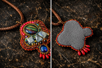 Celestial Ember Beaded Pendant - 18" Leather cord Necklace